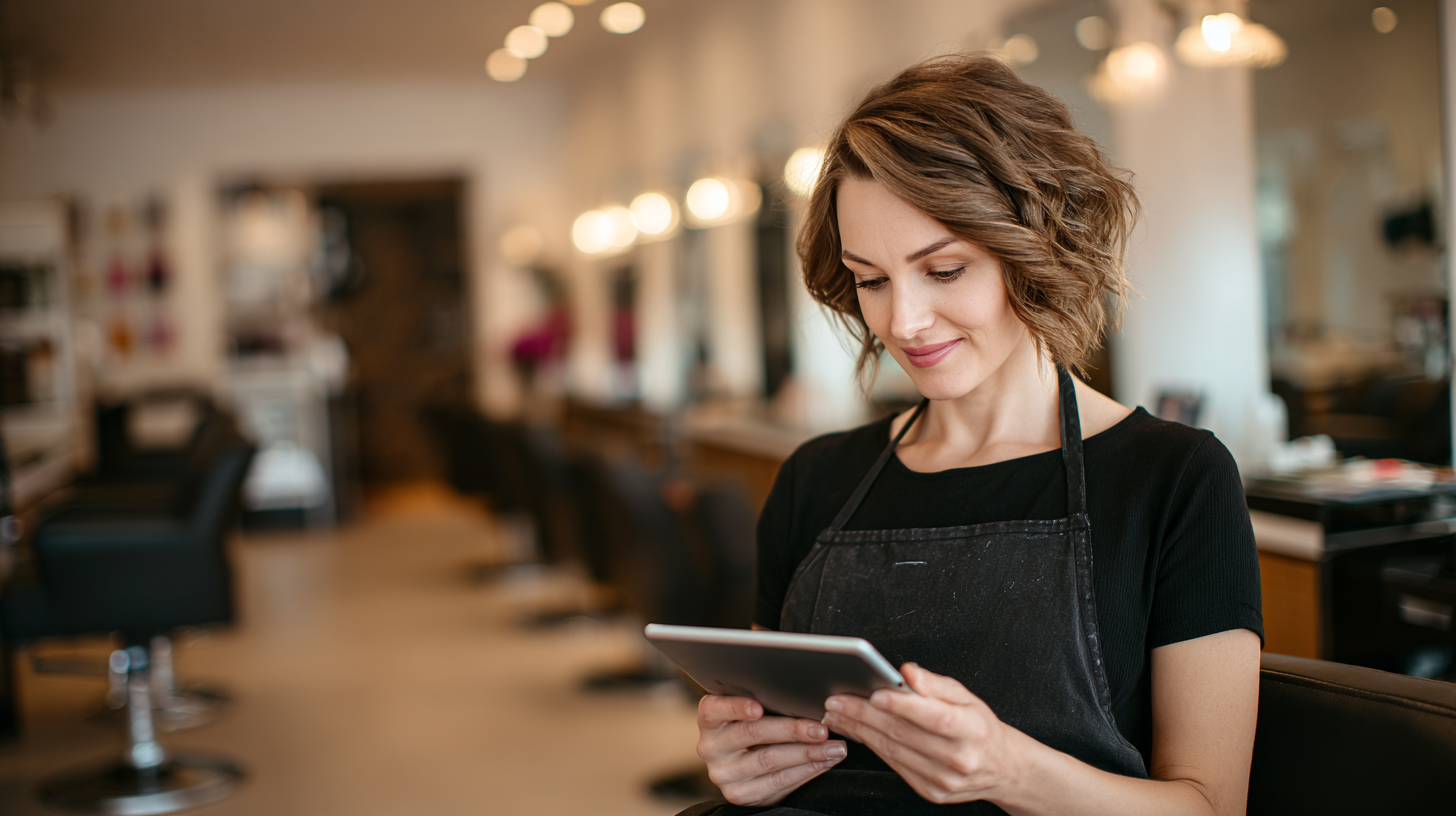 Texas cosmetologist completing continuing education online on a tablet in a modern salon
