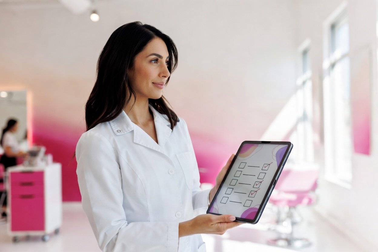 Texas cosmetologist completing continuing education requirements on a tablet in a modern salon