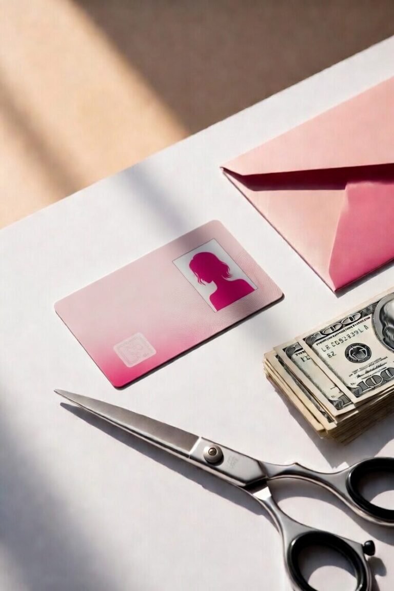 Flat-lay of a Texas cosmetology license card with salon scissors and renewal fee cash on a white surface