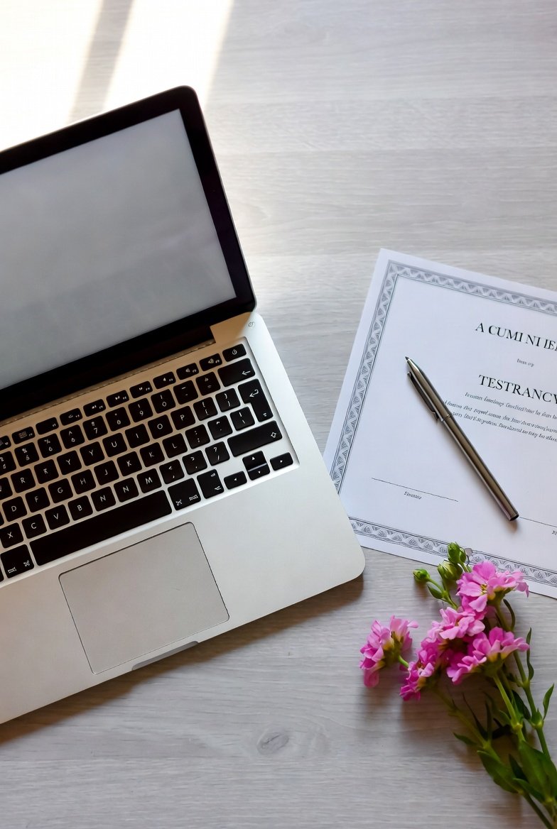 Laptop with online CE course and completion certificate for Texas cosmetology renewal