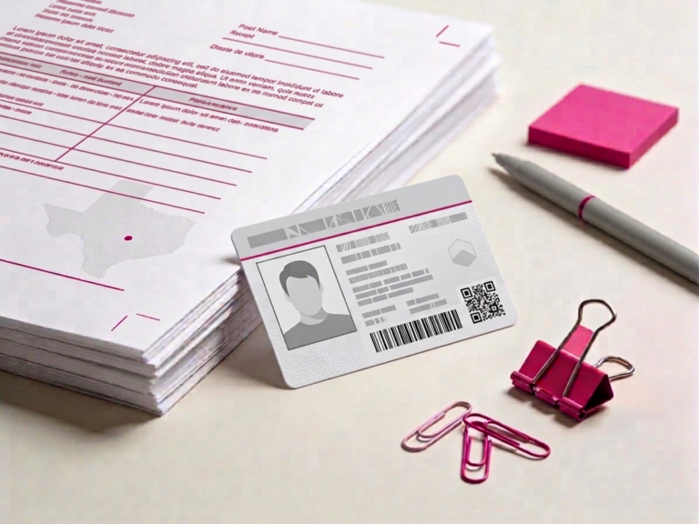 Neat stack of forms, ID card, and subtle Texas outline representing lawful presence rules for esthetician license renewal