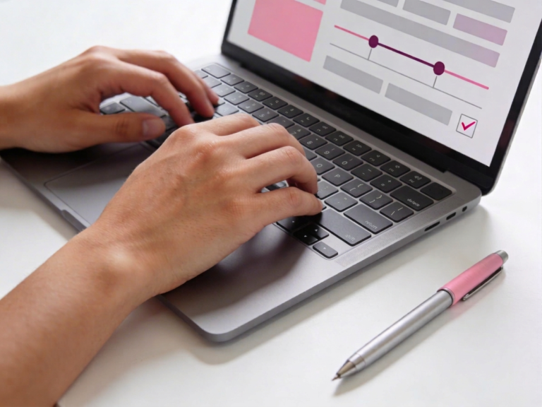 Hands using a laptop on a clean desk to renew a Texas esthetician license online