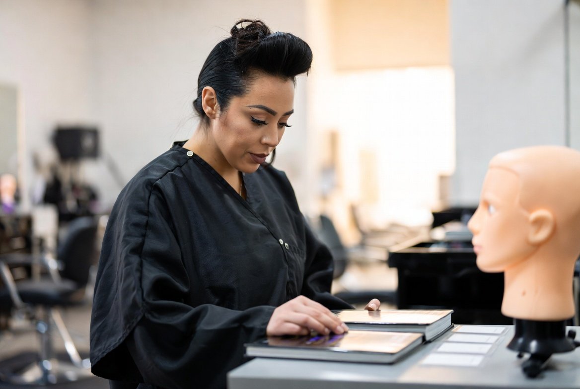 Texas cosmetology student reviewing study materials at a salon station before PSI licensing exam