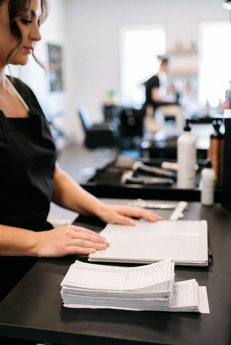 Texas cosmetologist reviewing a lease agreement with a salon owner at a reception desk