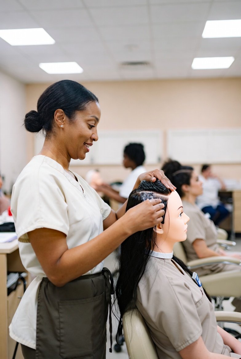 Cosmetology student receiving hands-on instruction from instructor during practical training session