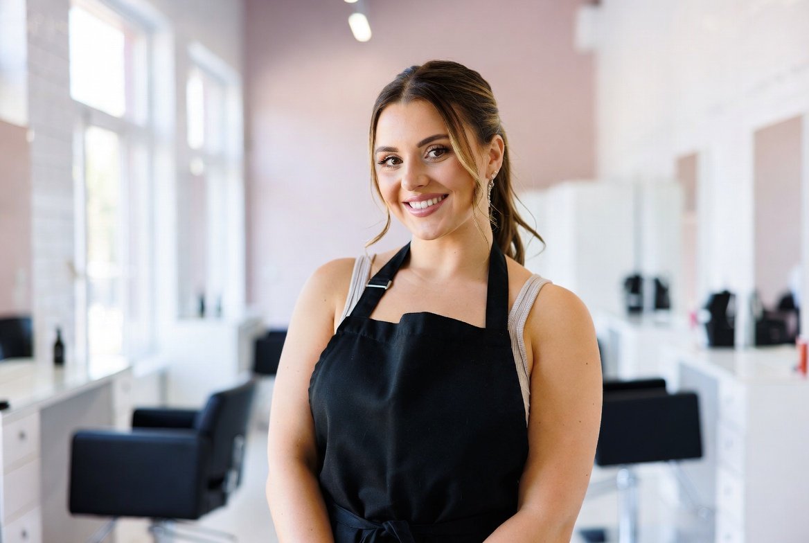 Texas cosmetologist standing proudly in her newly opened salon, ready to welcome clients