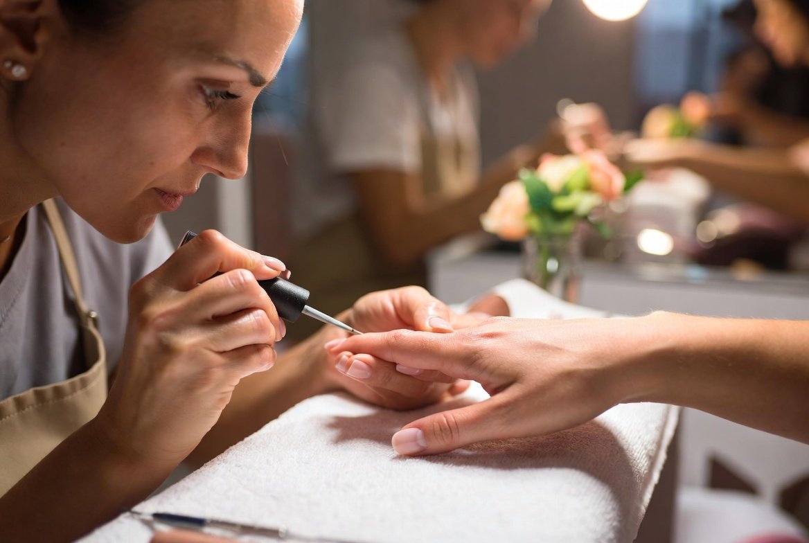 Texas nail technician performing a professional manicure service in a modern salon