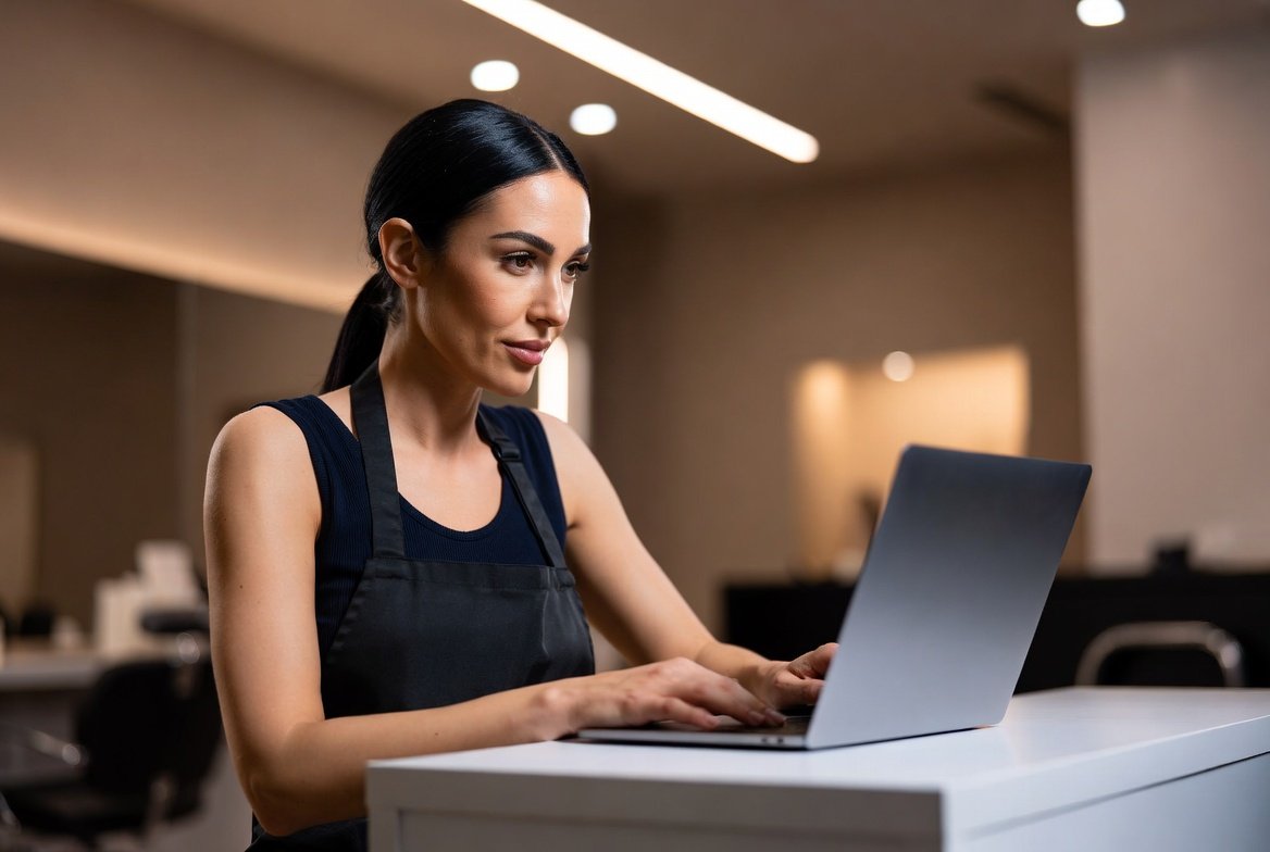Texas cosmetologist checking license status on laptop at salon reception desk