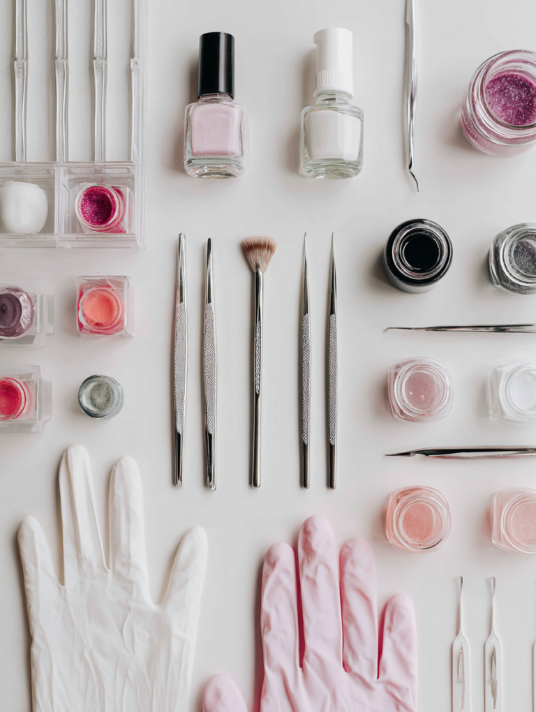Professional nail technician tools laid out for a Texas manicurist licensing exam