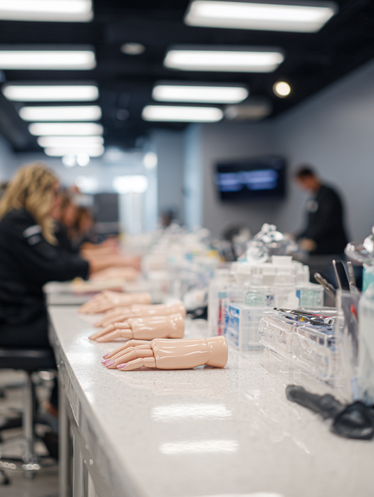 Nail technician students practicing on mannequin hands in a Texas cosmetology school