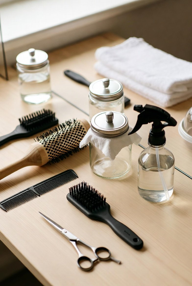 Organized salon station with clean tools, sanitation supplies, and professional setup
