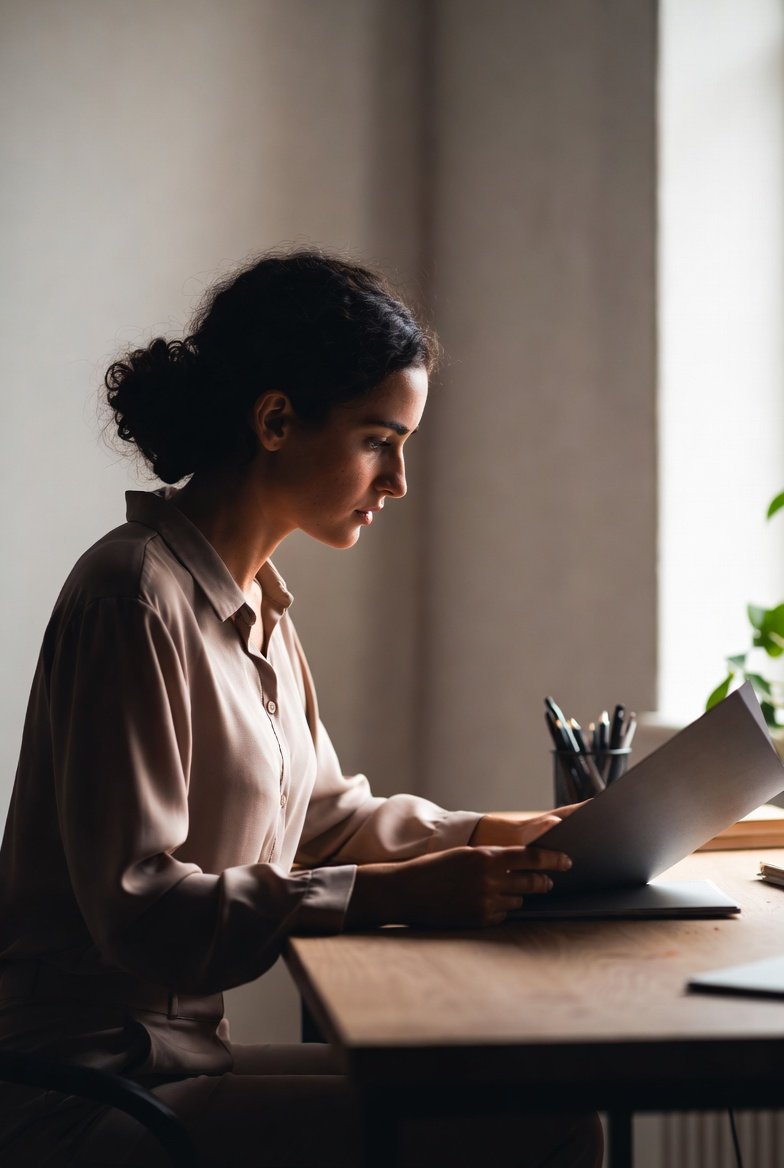 Young woman reviewing documents at a desk before enrolling in a Texas nail technician program