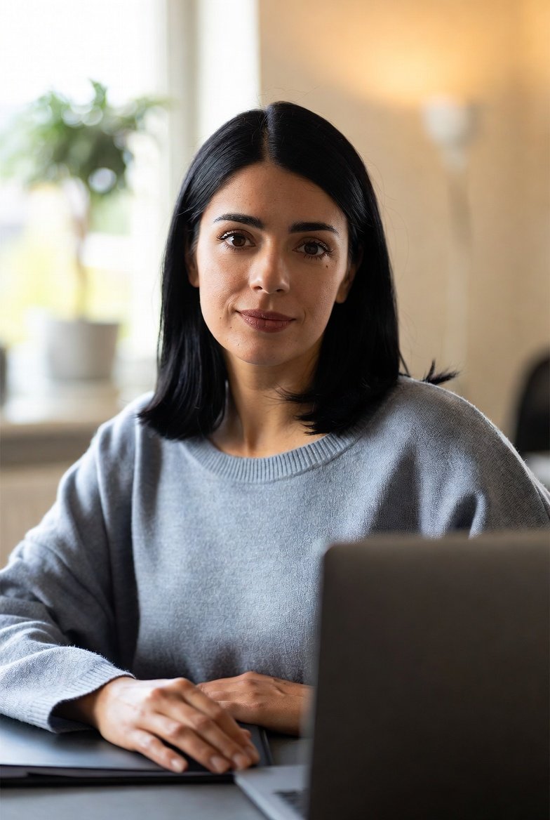 Texas cosmetologist completing an online continuing education course on a laptop at home