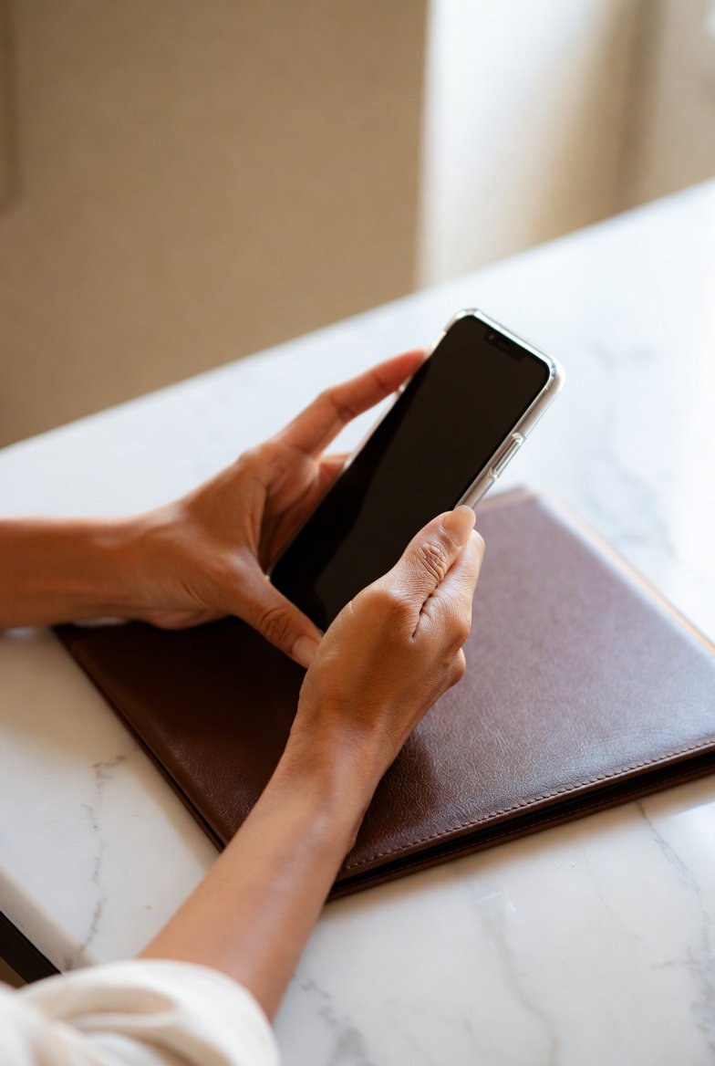 Cosmetology professional checking license status on a smartphone after completing CE hours