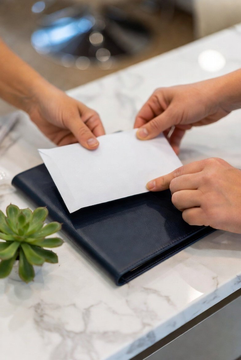 Cosmetologist presenting credentials and a sealed envelope at a professional counter