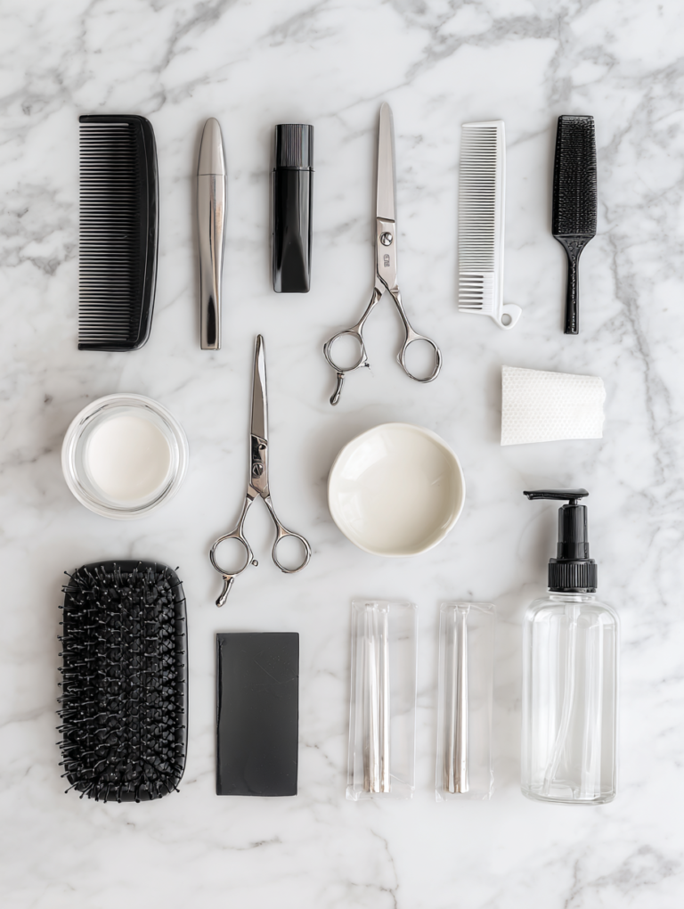 Professional cosmetology exam kit tools laid out for the Texas PSI practical exam