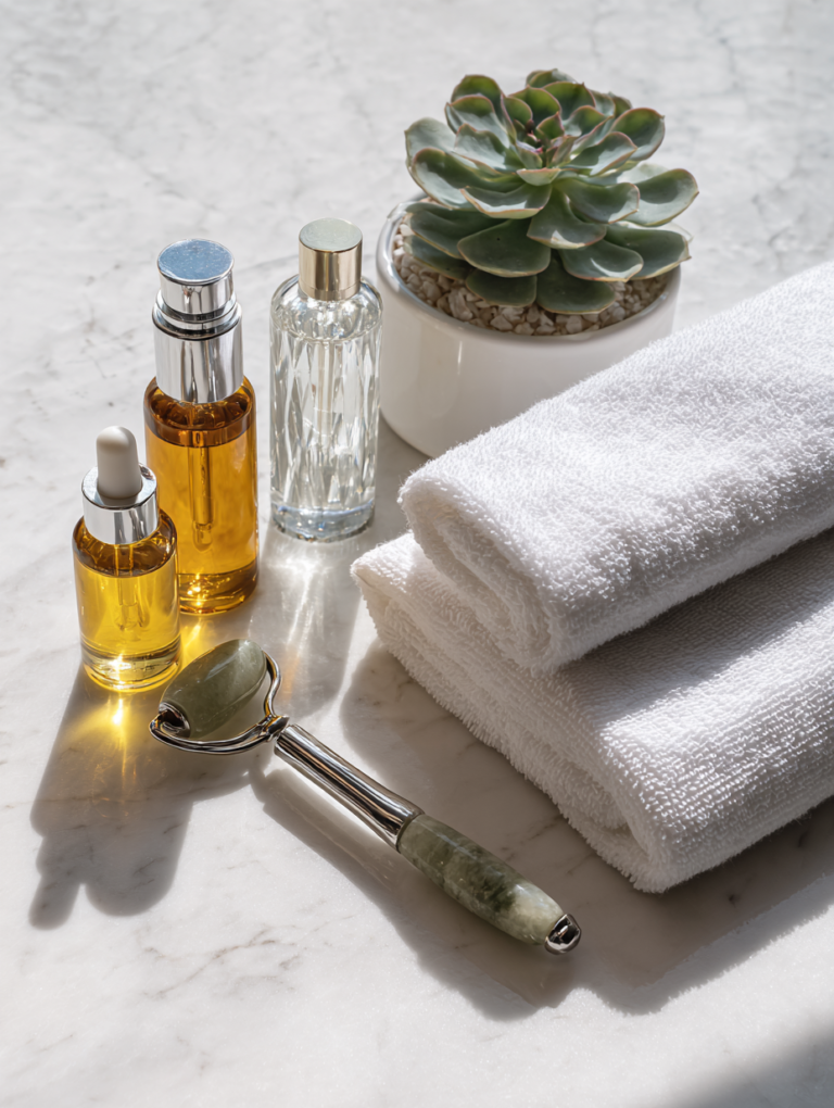 Skincare products on a spa table representing Texas esthetician CE hour requirements