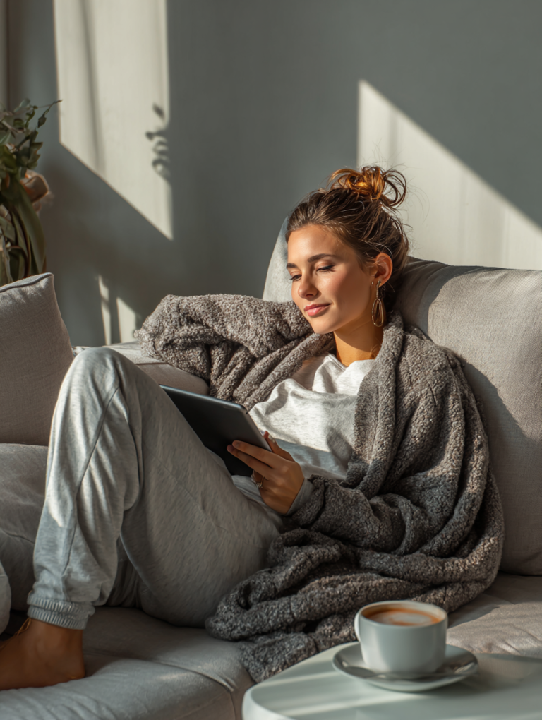 Esthetician completing online continuing education course from home on a tablet