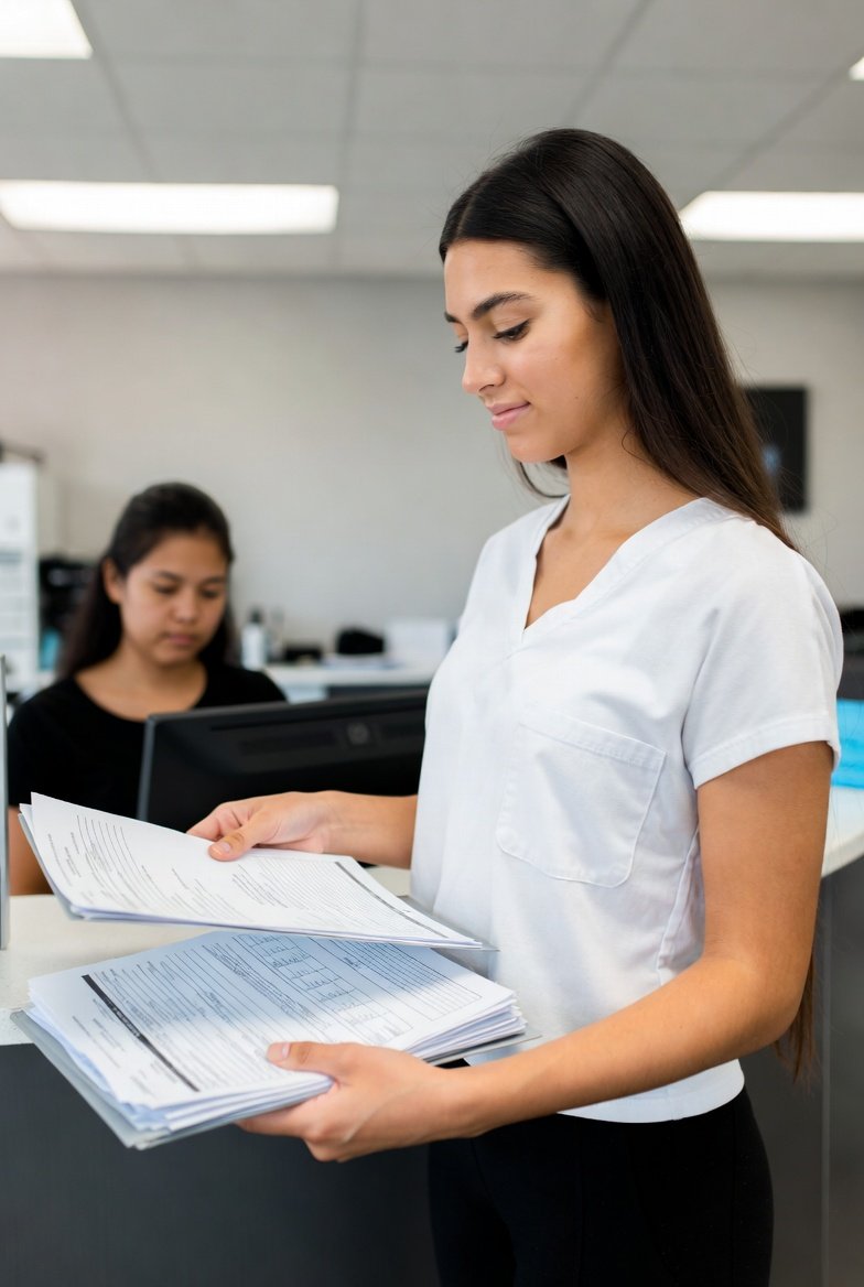 cosmetology temporary license — student submitting TDLR application paperwork before exam