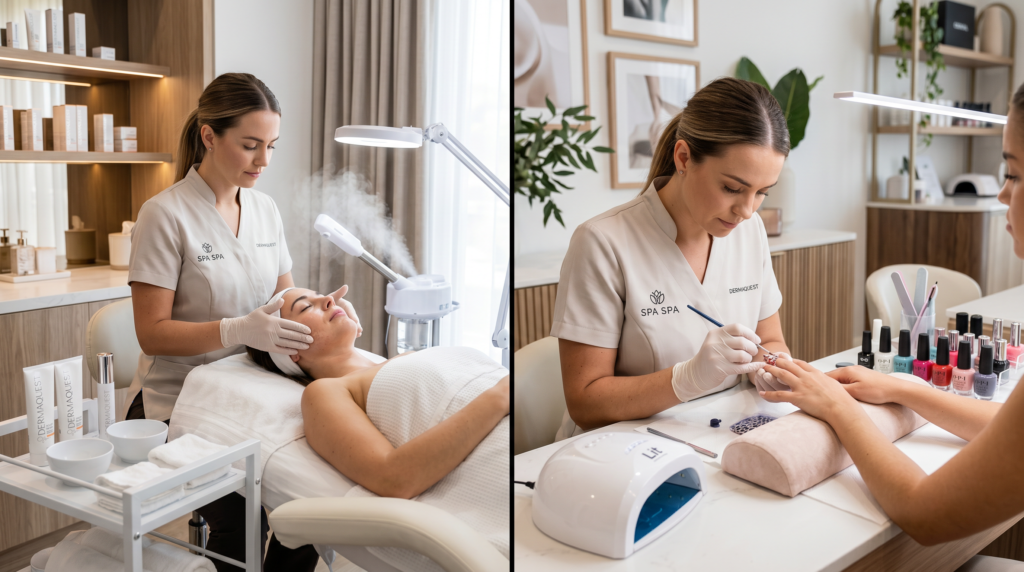 esthetician manicurist combo — dual-licensed professional performing facial and nail service