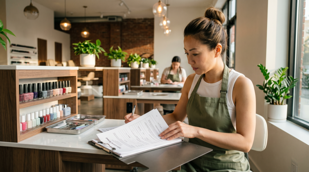 manicurist ce requirements — nail tech at workstation reviewing renewal paperwork