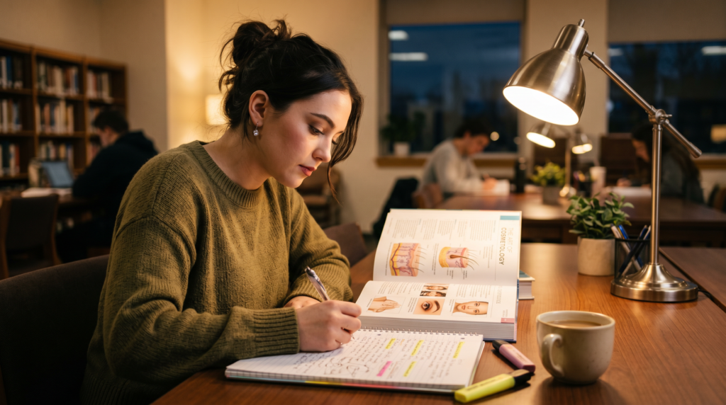 psi cosmetology exam — student studying at desk before texas licensing exam