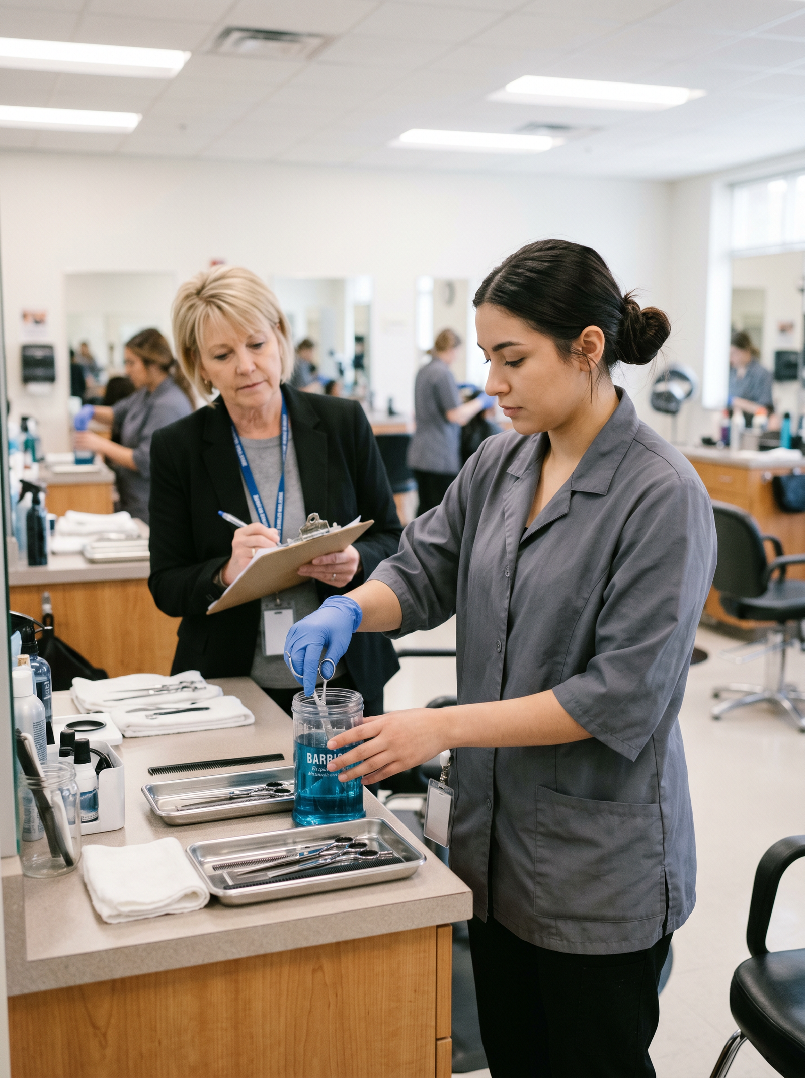 psi cosmetology practical exam — student demonstrating sanitation skills at station