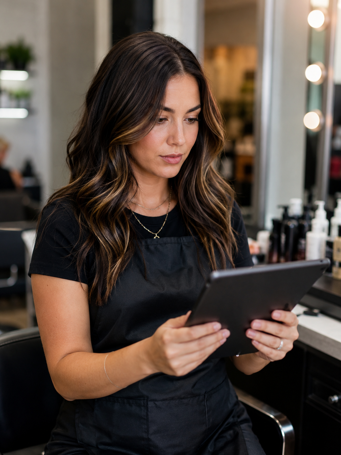 choosing CE provider — cosmetologist reviewing course topics on tablet
