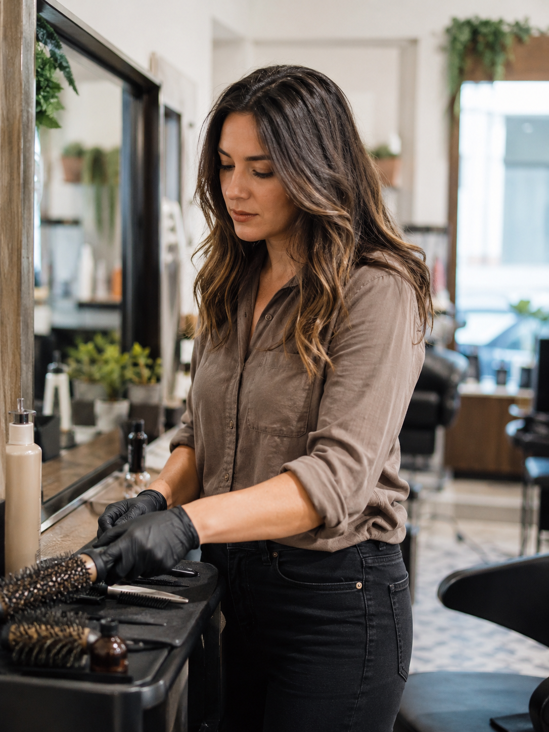 cosmetologist at a booth rental station in a salon