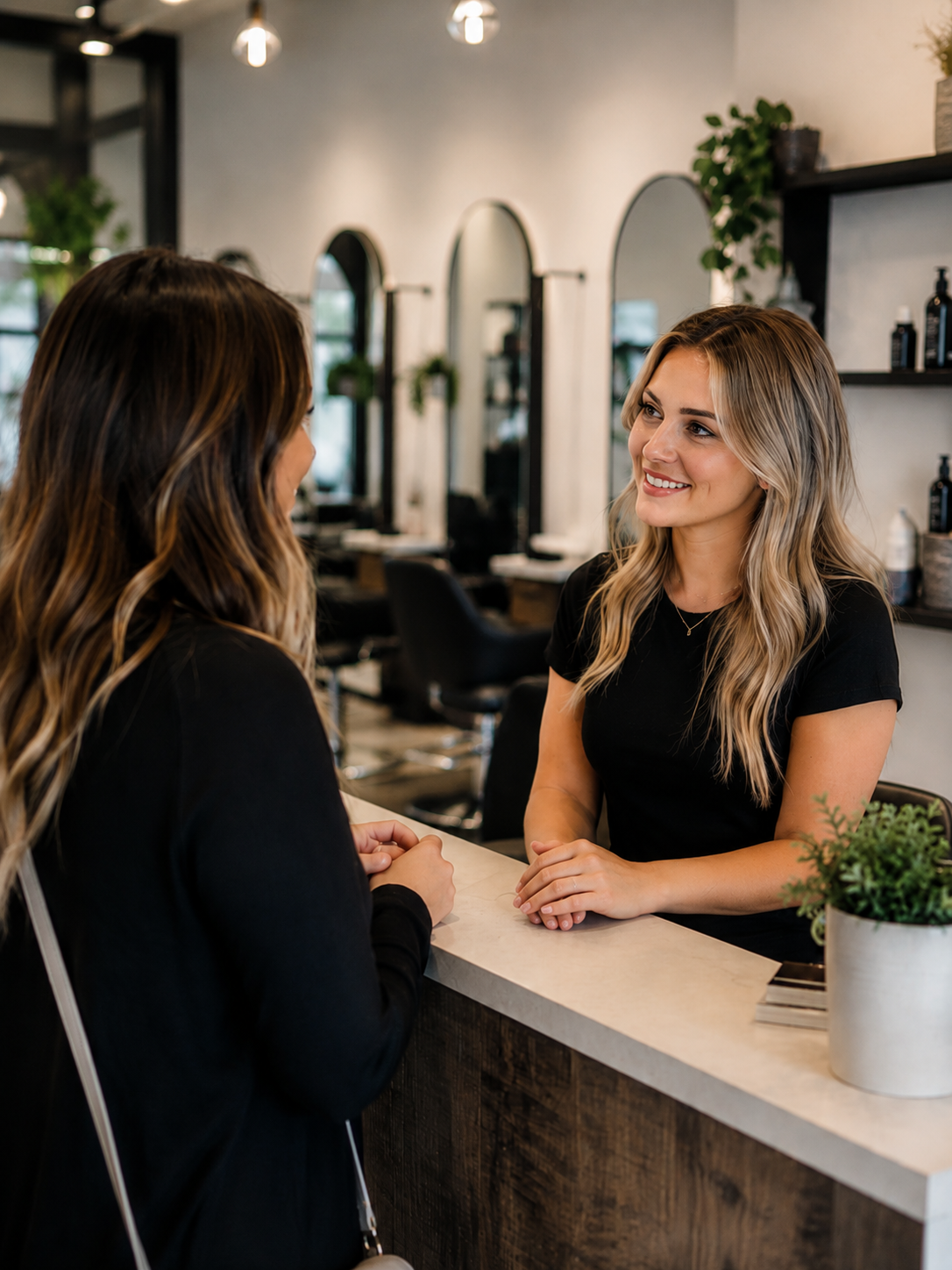 cosmetologist consulting with a client about services offered