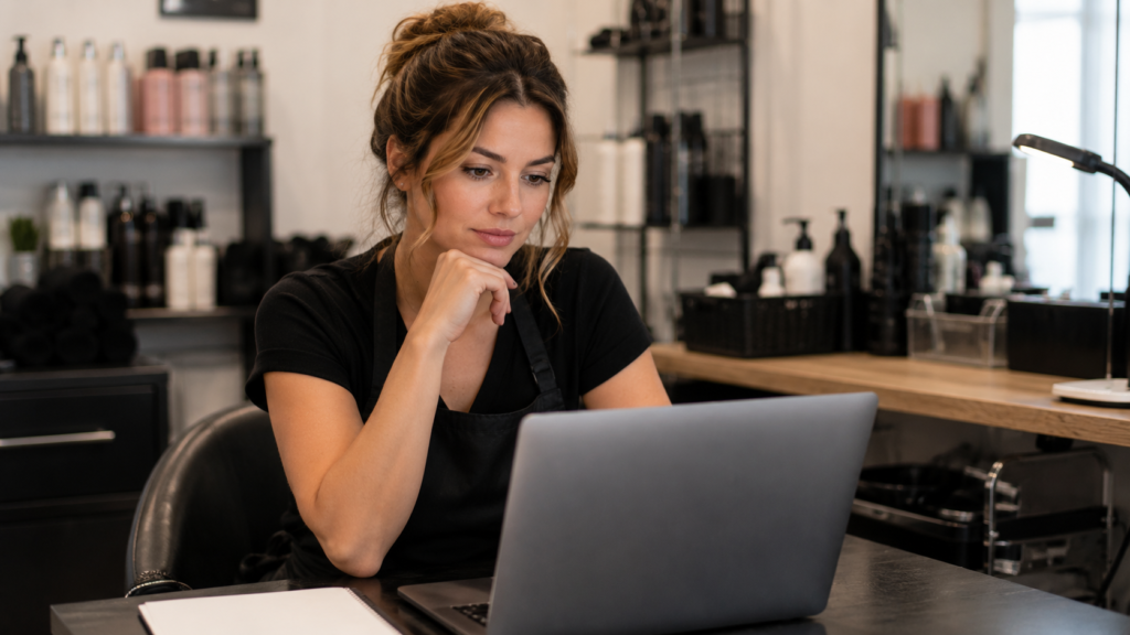 cosmetology CE course format — cosmetologist choosing between online and in-person course options
