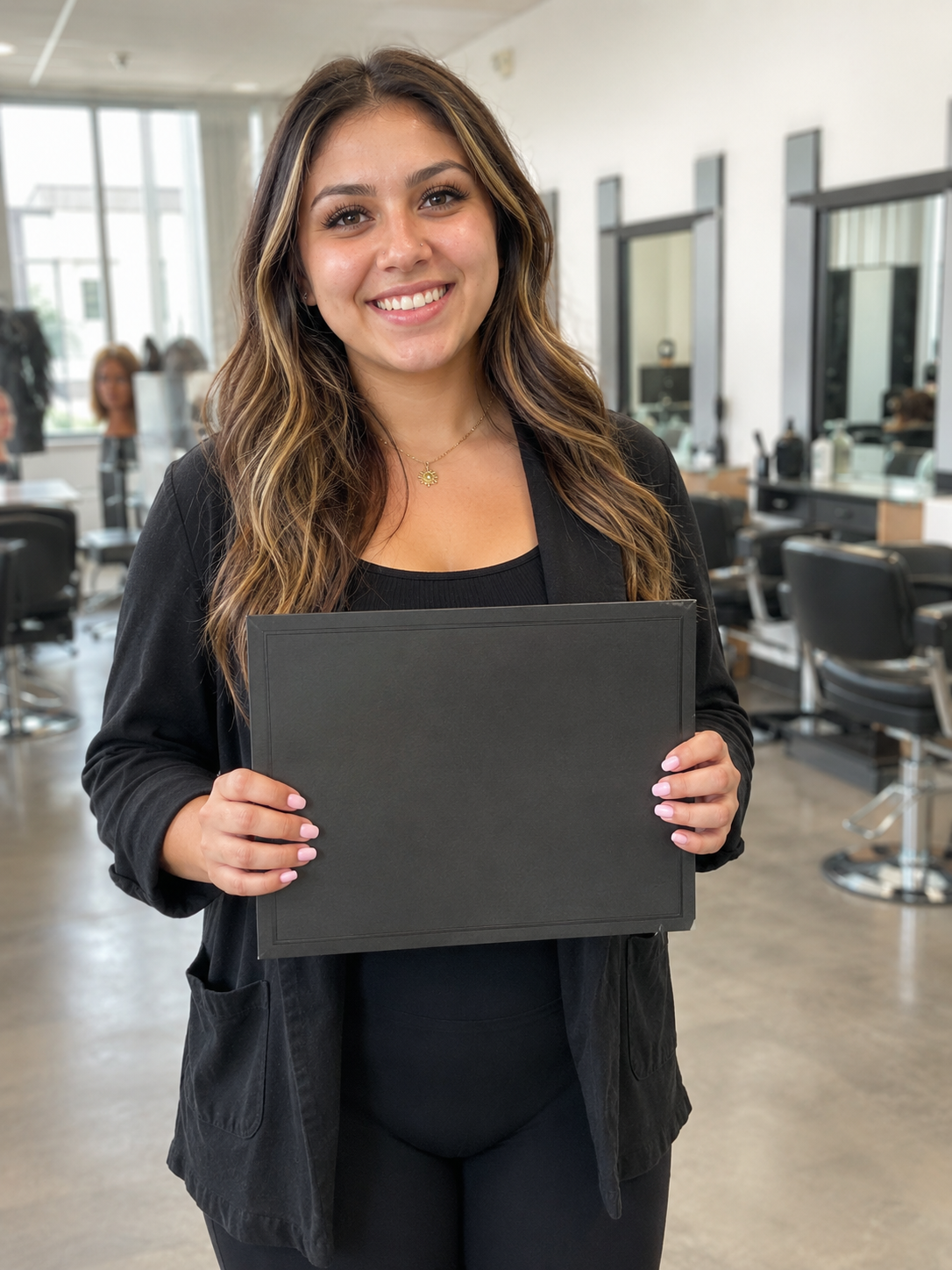 cosmetology license fees — smiling cosmetology school graduate holding certificate folder