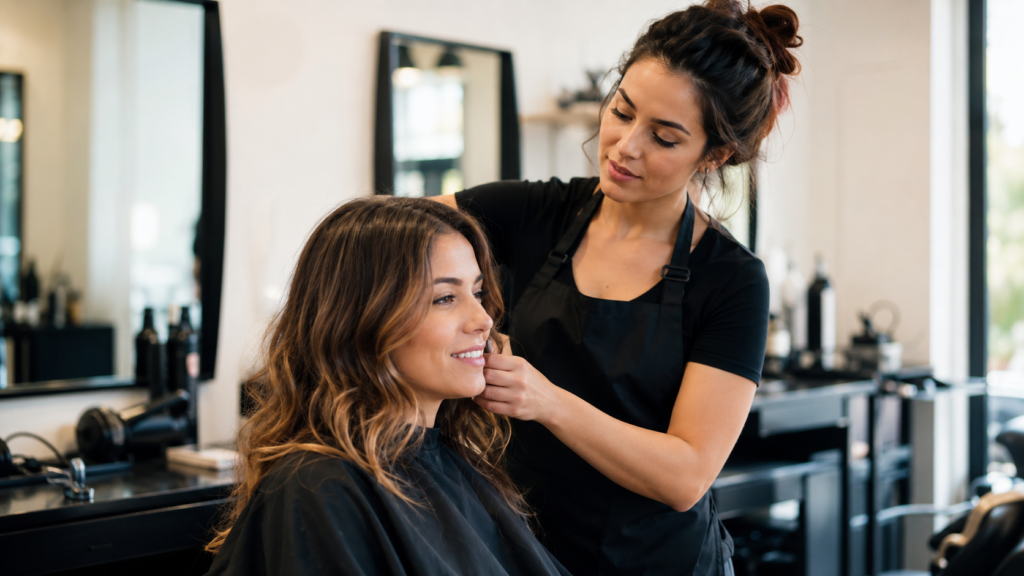 licensed cosmetologist working confidently with a client