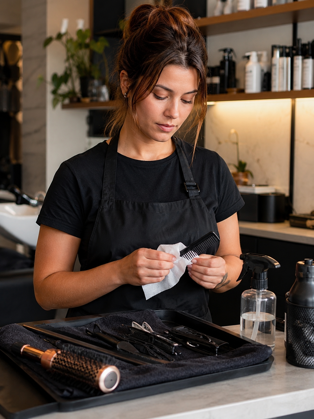 cosmetologist following sanitation standards during a service