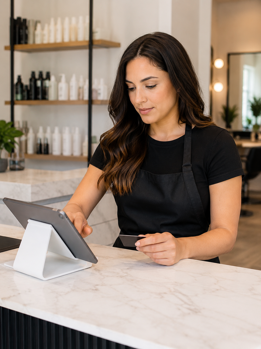 cosmetology renewal checklist — cosmetologist submitting renewal payment on tablet