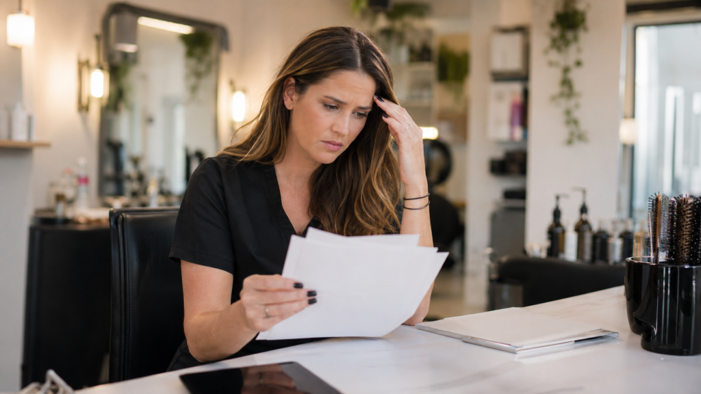 cosmetology renewal mistakes — cosmetologist reviewing rejected paperwork with concerned expression