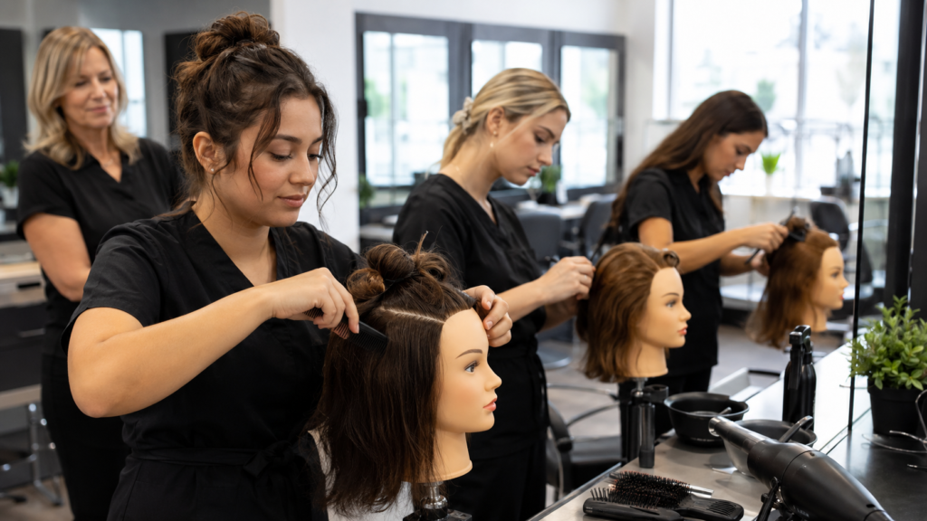 cosmetology school hours — students practicing hairstyling on mannequin heads in classroom