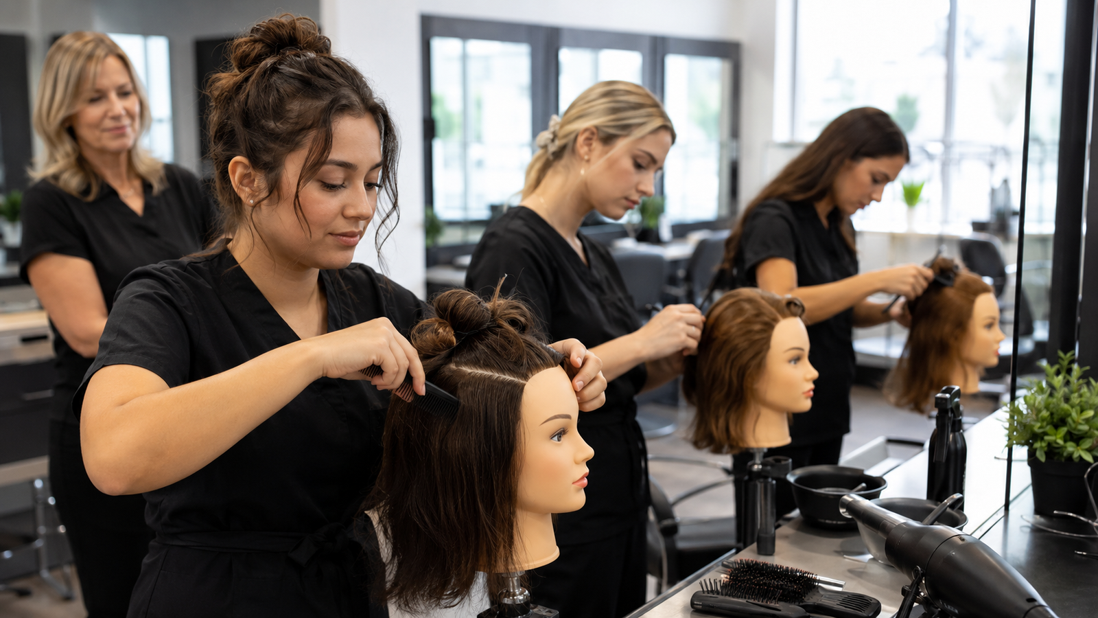 cosmetology school hours — students practicing hairstyling on mannequin heads in classroom