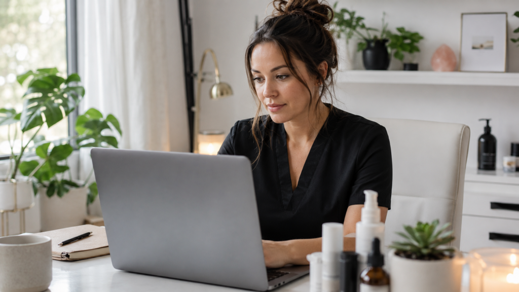 esthetician ce hours — esthetician taking online continuing education course on laptop