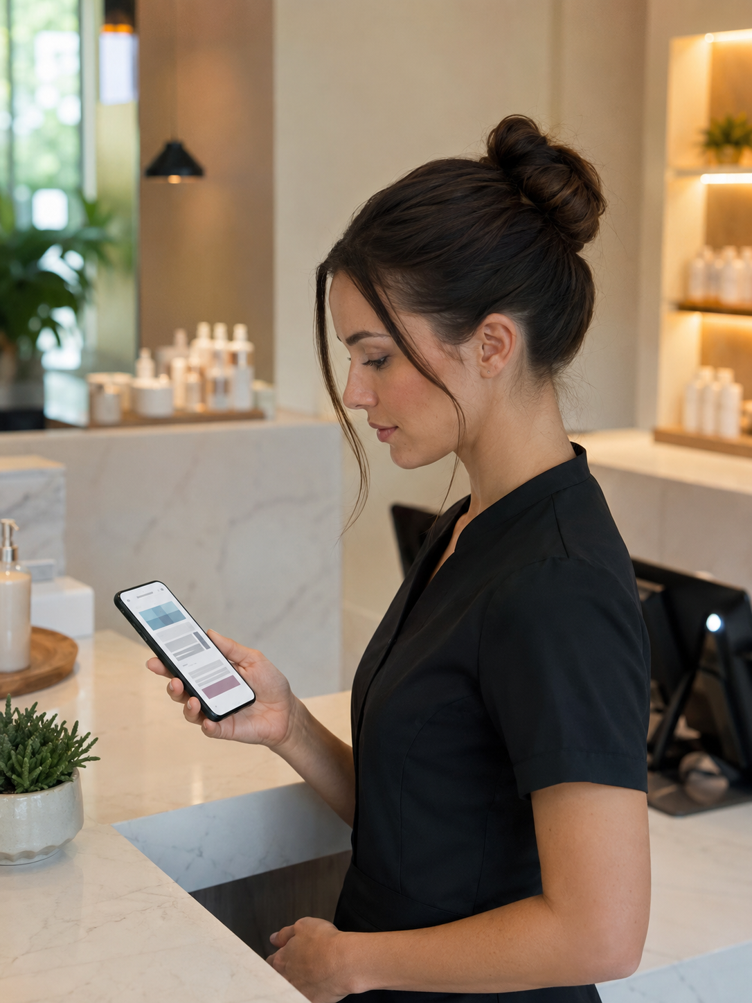 esthetician ce hours — esthetician checking certification records on smartphone