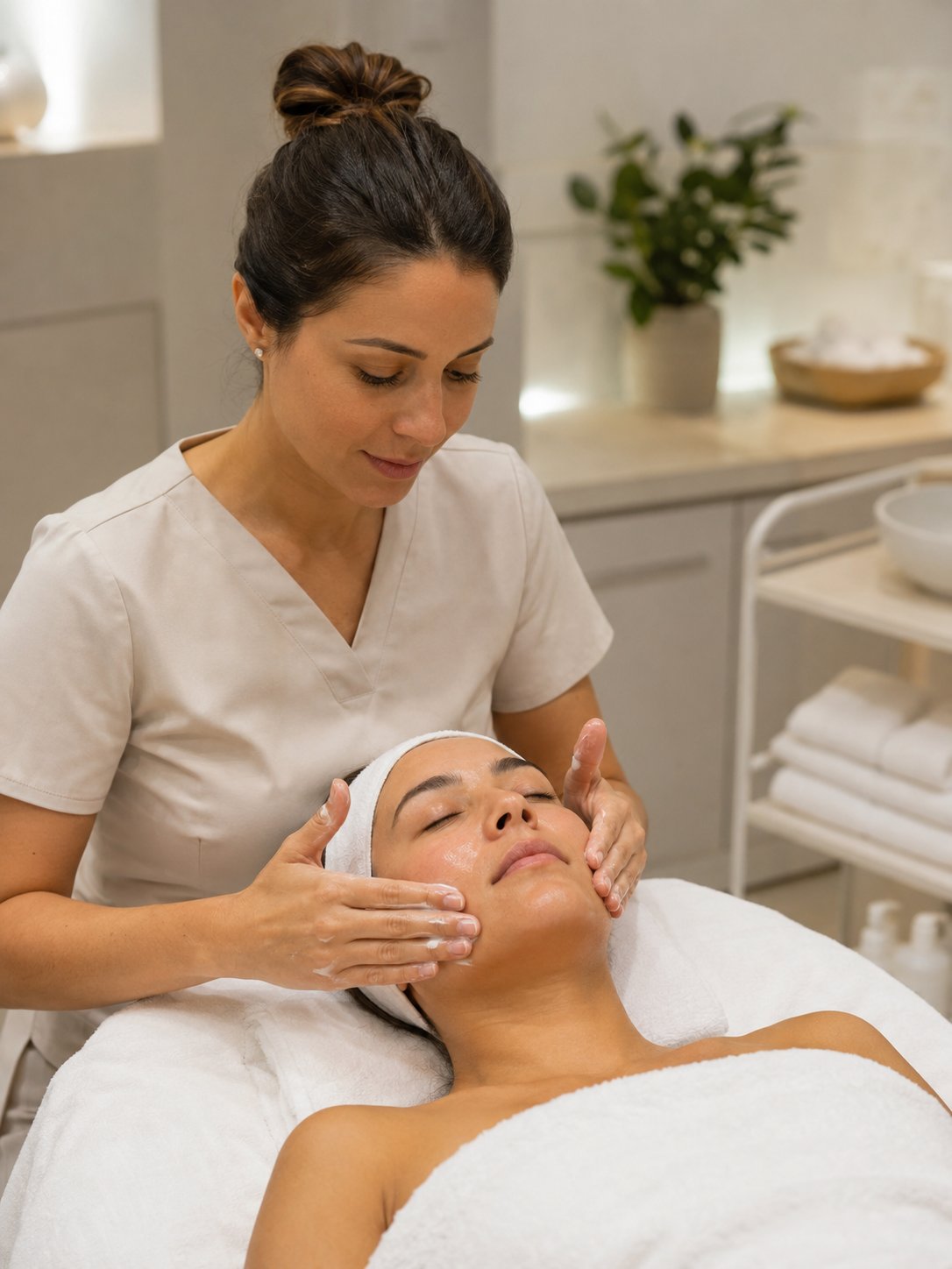 esthetician recommending retail skincare products to a client