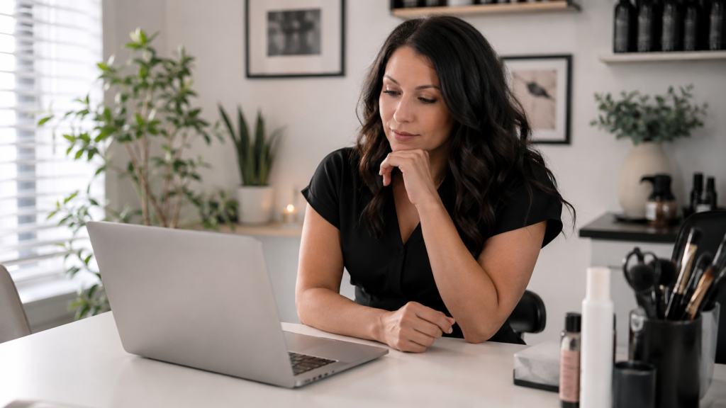 license address change — cosmetologist updating contact information on laptop
