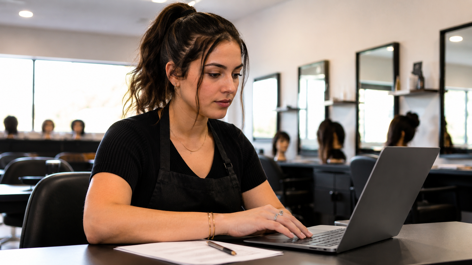 cosmetologist searching for license number on laptop