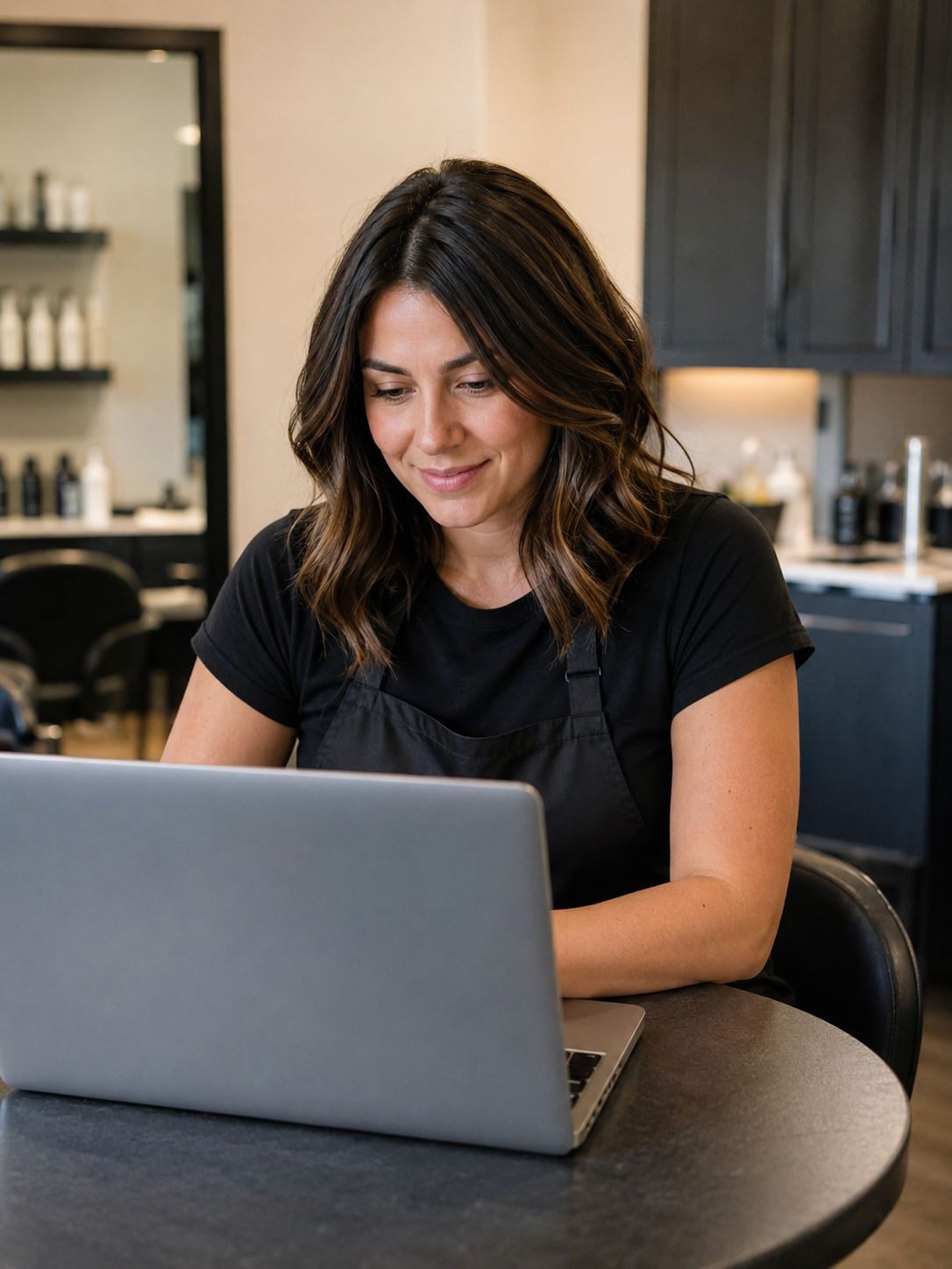 salon owner reviewing location checklists on a laptop