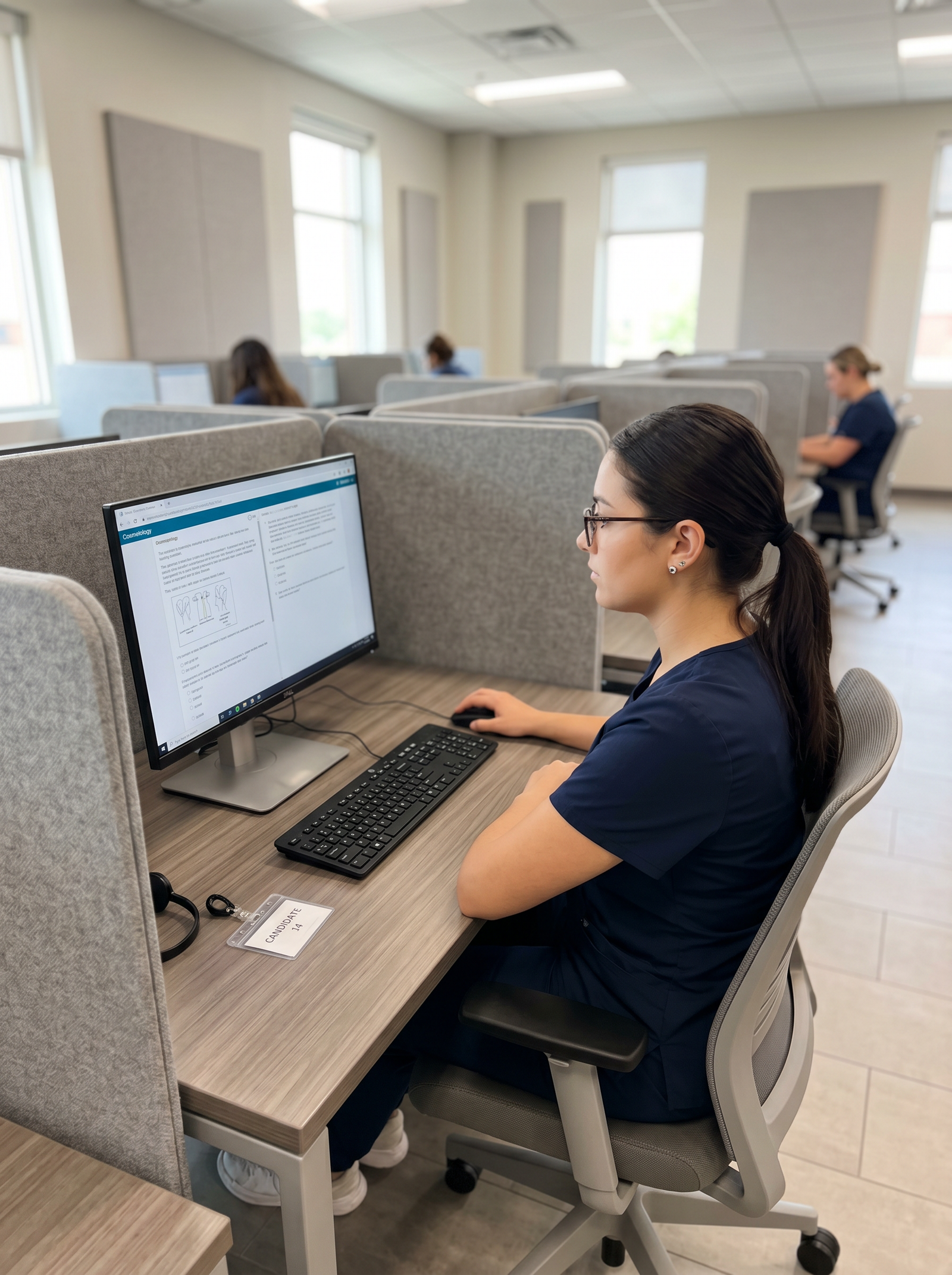 cosmetology student taking a written licensing exam