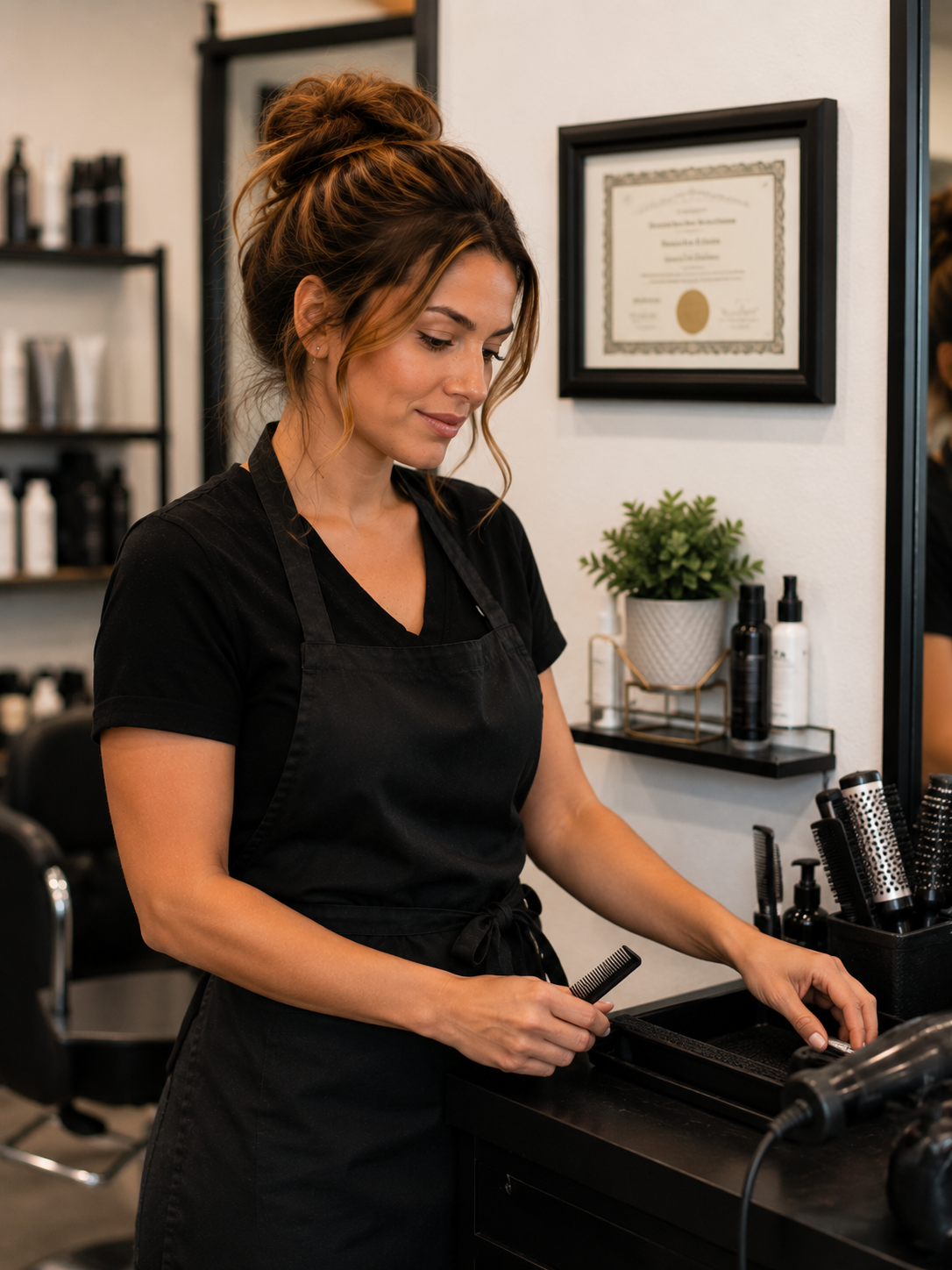 cosmetologist storing license card safely at a salon station