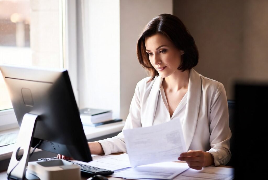 salon owner booth rental — salon owner reviewing renter roster at front desk