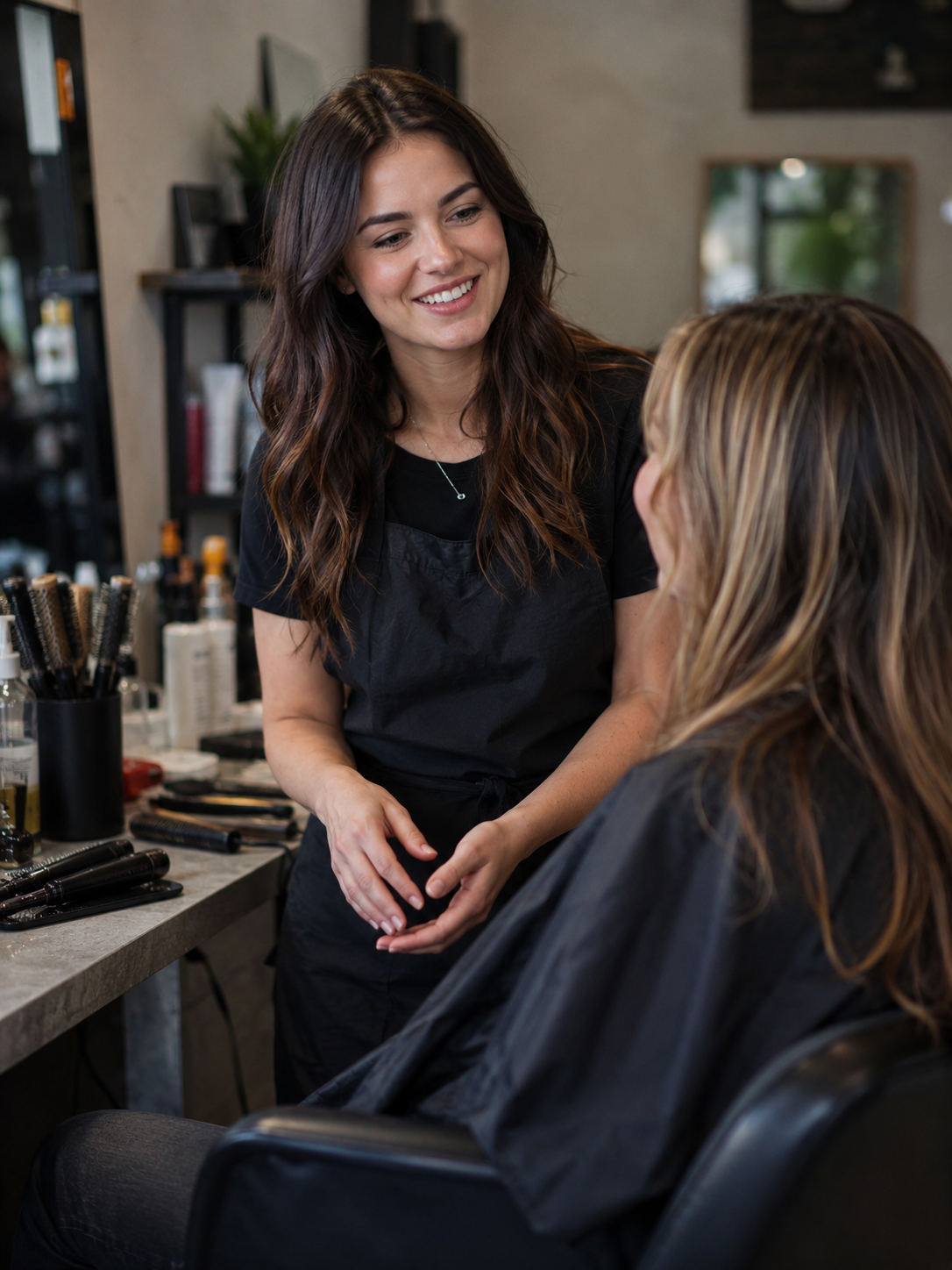 salon owner CE compliance — salon owner chatting casually with team member