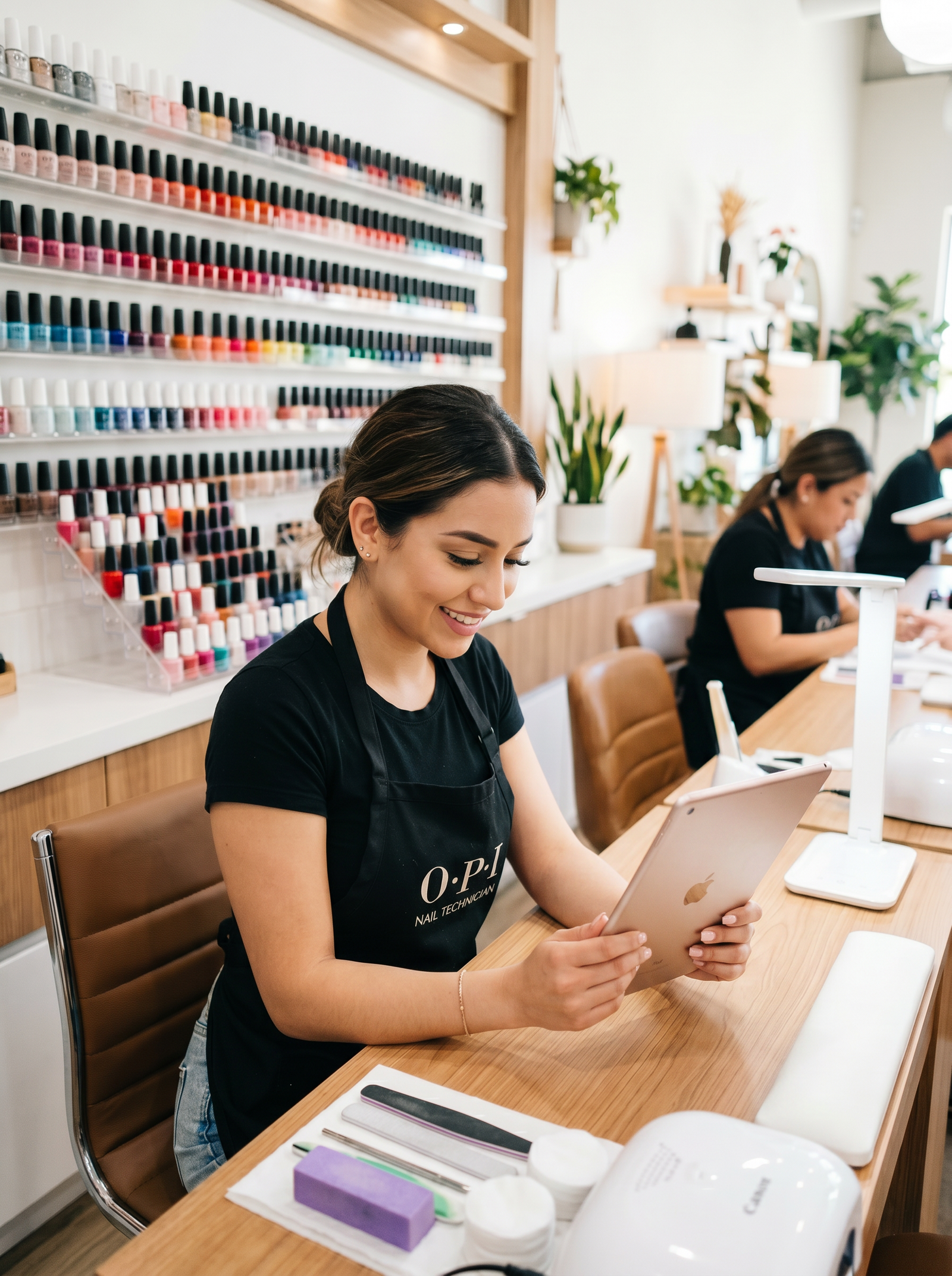 salon owner updating a renter list on a tablet