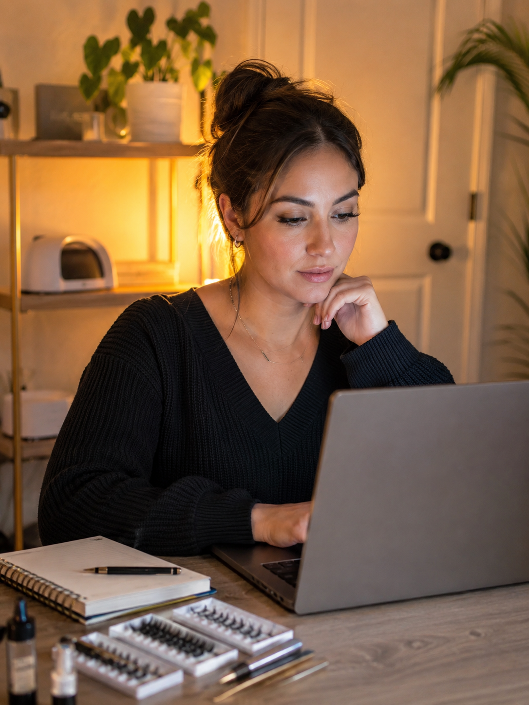 salon owner completing continuing education on a laptop